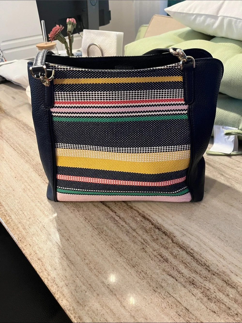 kate spade Striped Canvas Tote in Navy, Yellow, Pink & Green & wallet on yellow